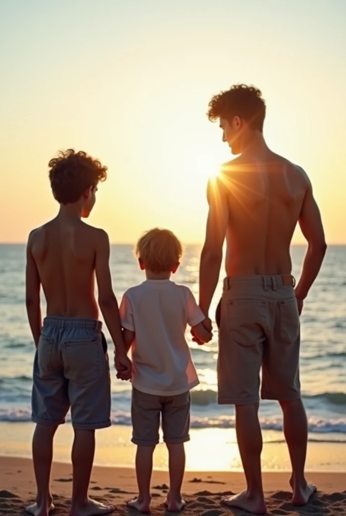 make a picture of all 3 brothers. an older sibling who is 175 cm tall and weighs 70 kg, has slightly curly hair, is 25 years old, then his younger sibling is s younger than him with a height of 170 cm, weighs 85 kg, is 22 years old, while the youngest sibl...