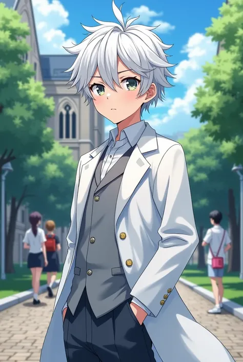 a  anime boy with white coat standing out of a college