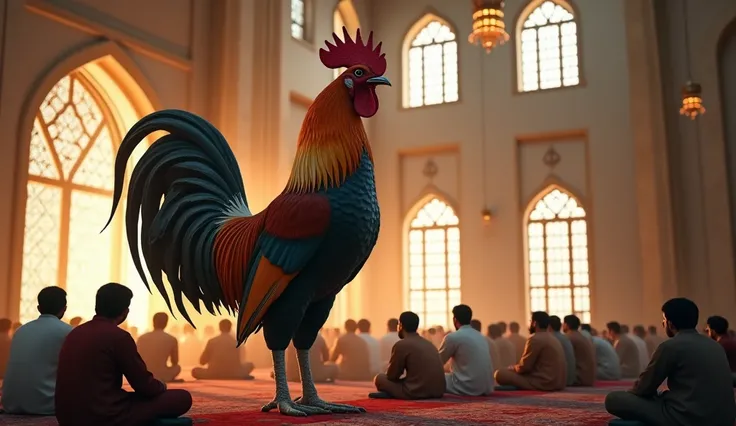 "A hyper-realistic image of a giant rooster standing on one side of a Pakistani mosque, broadcasting the Azan through a speaker. The rooster is large and majestic, with intricate details on its feathers, and it stands tall, dominating the scene. In front o...