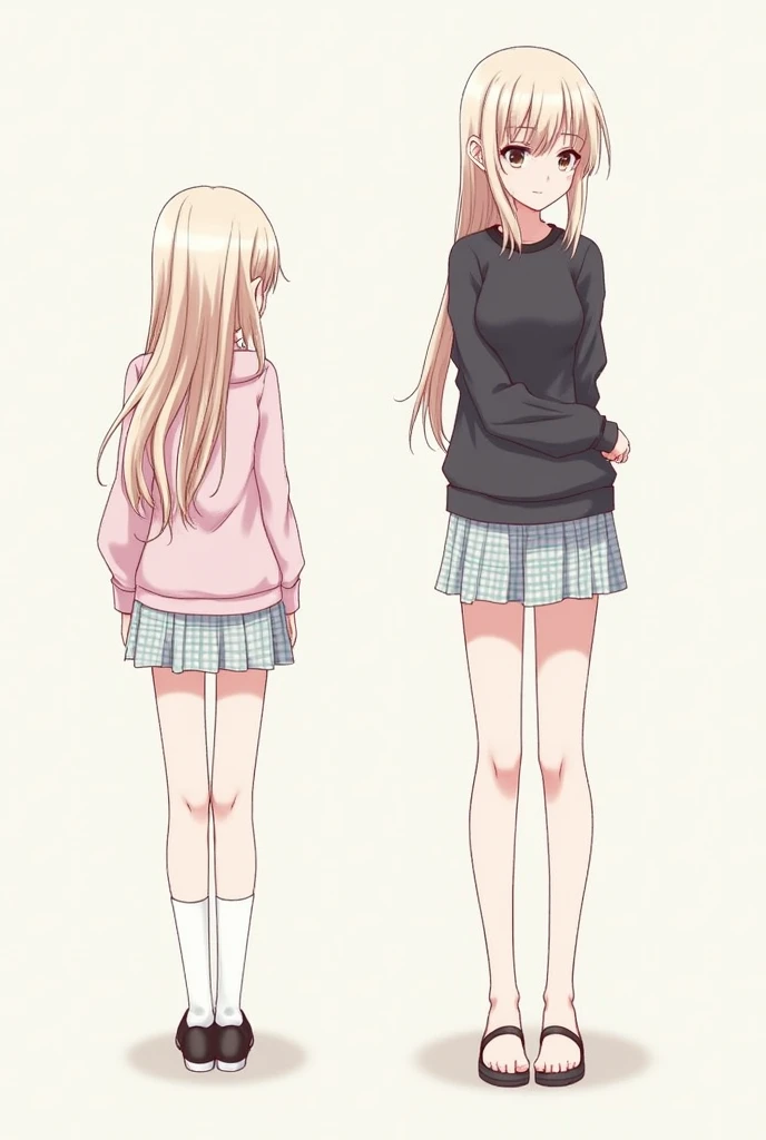 Two girls with very different heights 　The length of the upper body and the size of the head are constant　 Beautiful Legs 　anime 　{{{{{ highlight the difference in leg length between the two girls}}}}}