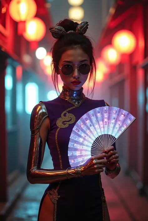 A young stunning woman in a cyberpunk style, combining traditional East Asian aesthetics with futuristic elements, stands on a narrow street under glowing paper lanterns. She has sleek metallic cybernetic arms and a chromed cybernetic neck, and is wearing ...