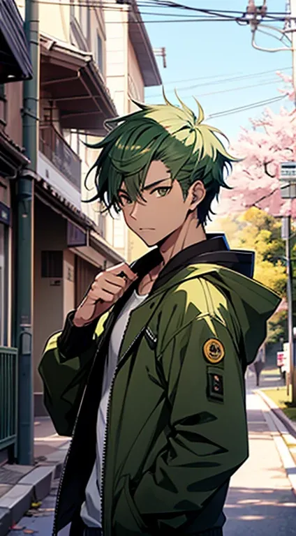 ((Satoshi))   brown short hair, male, street,  green jacket ,, Sakurama in full bloom 