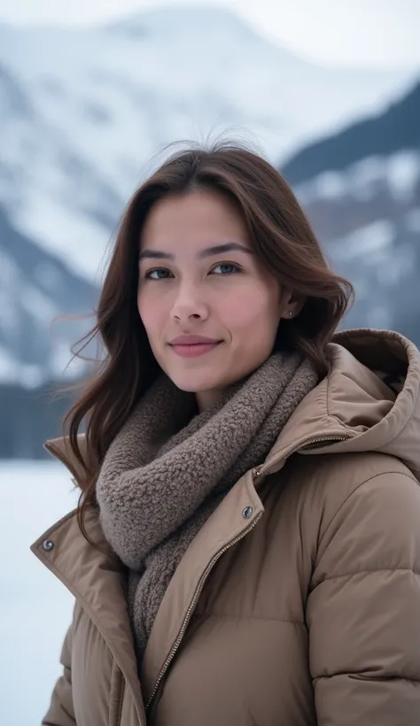 A 37-year-old woman with a serene expression, posing in front of a snowy mountain, wearing a winter coat.