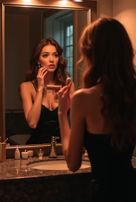 Woman with a tight black dress long brown hair freckles and green eyes stands at the disco in the ladies room and puts on makeup 