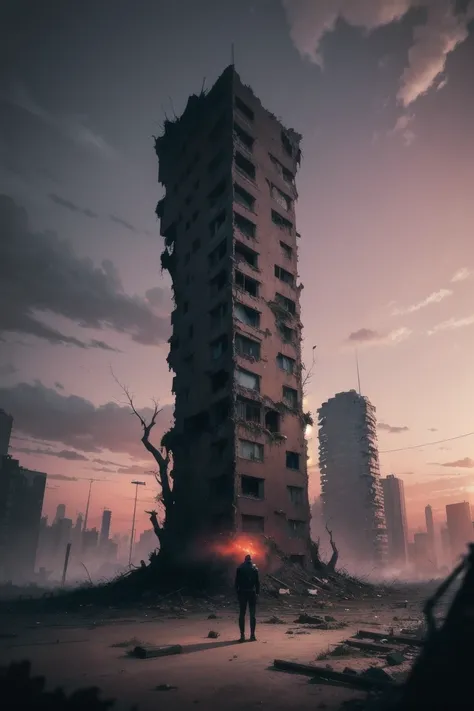 In a desolate city, Alex stands strong amidst twisted ruins. Mutated vines snarl around crumbling structures, reaching like desperate fingers. The haunting crimson sky casts an eerie glow, a reminder of a world lost and the survival battle ahead.