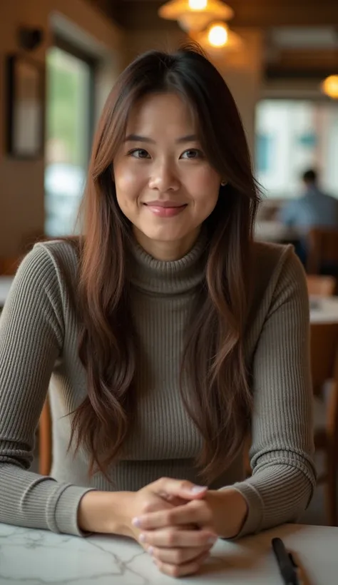 A 35-year-old woman with straight hair, sitting at a dining table, wearing a high-neck sweater.