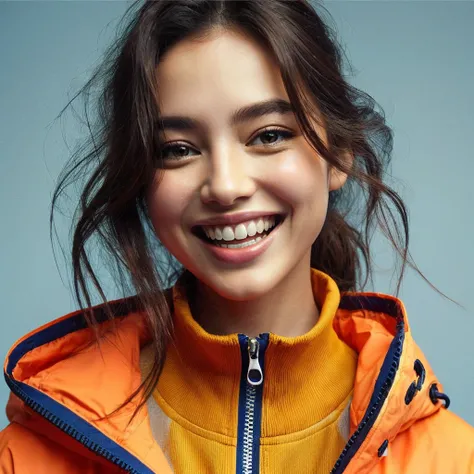  europa, , perempuan memakai outfit jackets orange,  gembira, happy,laughing, open mouth, looking at camera, soft lighting, soft kontrast, blue background isolated