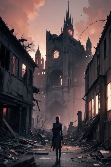 In a desolate city, Alex stands strong amidst twisted ruins. Mutated vines snarl around crumbling structures, reaching like desperate fingers. The haunting crimson sky casts an eerie glow, a reminder of a world lost and the survival battle ahead.