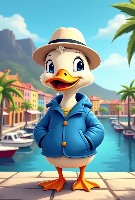 A duck wearing blue color jacket white hat backround like captown