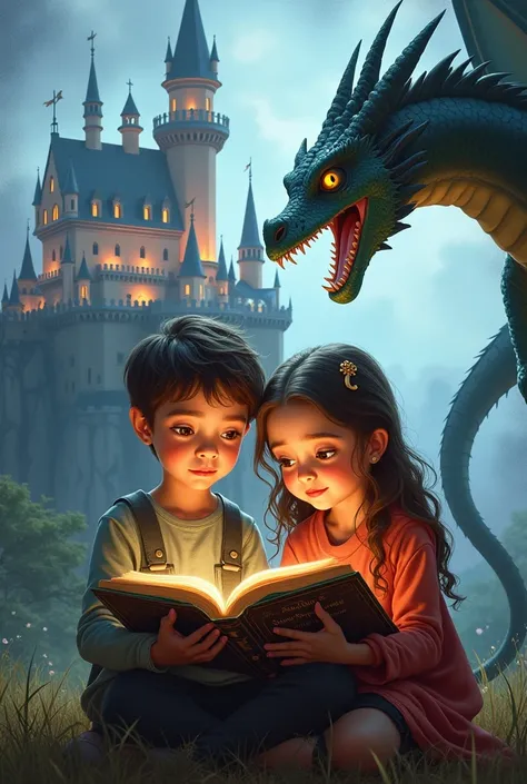 A boy and a girl reading a book against the background of a castle and a dragon