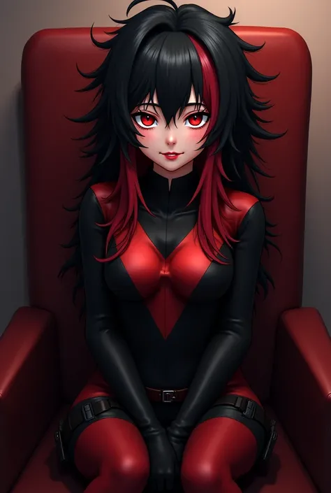  Screenshot of My hero Academia . 
 Girl with long messy straight hair ,  a little disheveled ,  color black with red locks and bangs ,  smiley face, fangs and red eyes ,  costume of a Bakugo hero but adapted to women and a little more sensual,  and is sit...