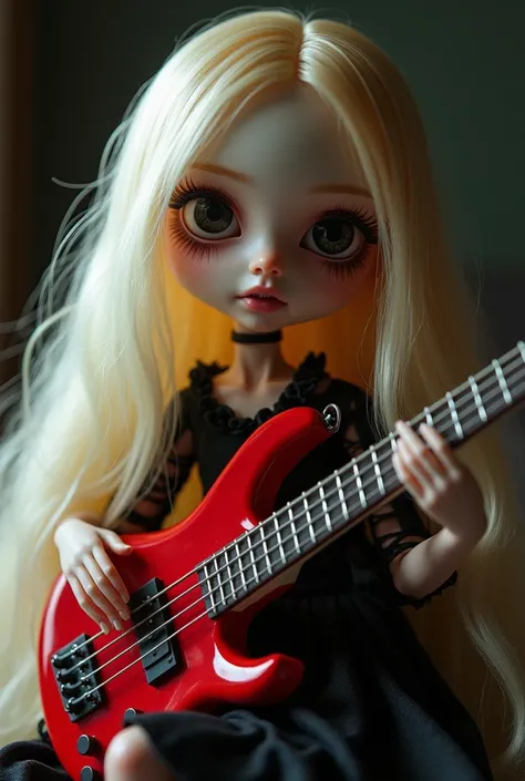  I would like you to generate a picture of a female doll with bulging eyes, Hair over the shoulders of blond rays ,  sitting playing a red electric bass  