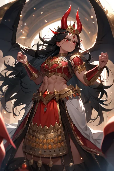 Princess, devil, high, strong, beautiful,  long black hair , It has two red horns, Hindu armor .