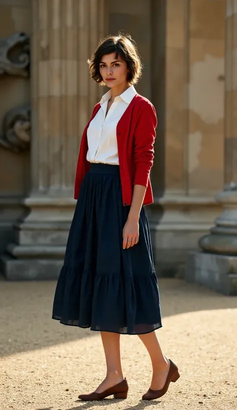   side view,  standing ground , French White Girl,　French actress name is  Audrey Tautou , cinema  of actress of The Da Vinci Code ,lost symbol is Temple knights  holy grail, 30age (brown hair, white shirt, red cardigan, dark blue gather middle skirt, brow...