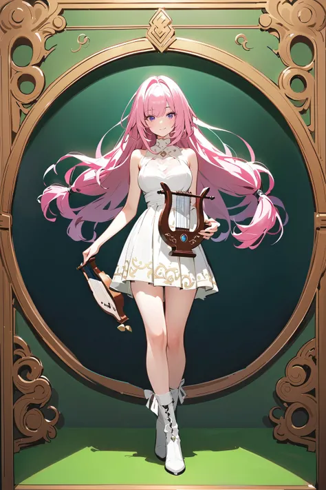 (green background:1.3), No wind, character sprite, wide shot, Break 
1 girl, (cute face), demure, baby face, light smile, young, 160 cm tall,, Standing, full body, (pink lhair, low-tied long hair:1.2), purple eyes, large breasts, slim, white Greek bard Out...