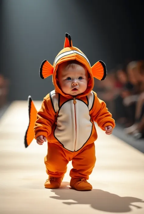 A realistic image of a newborn chubby European baby walking on a runway. The costume features bright orange and white stripes with bold black outlines, paired with a large dorsal fin on the back and oversized pectoral fins on the sides. The glowing edges m...