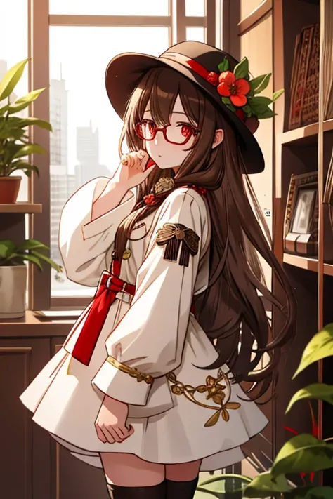 masterpiece, 1girl, ,htcherries, very long hair, brown hair, hair rings, hair between eyes, red eyes, flower-shaped pupils, eyewear on head, round eyewear, sunglasses, white hat, white and red dress, Chinese clothes, detached sleeves, black thighhighs, 