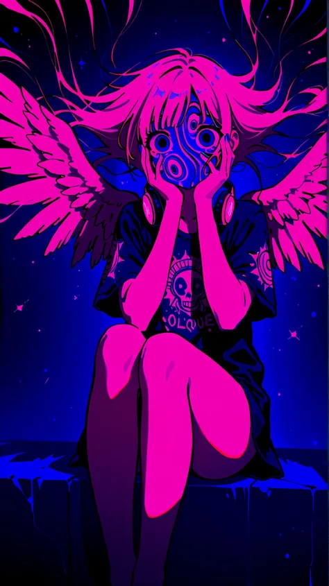 (masterpiece, best quality:1.2), 1 girl, unique, f3nn3r, colourful, pink, blue, black, red, trippy, giant feathered wings, psychotic, psychedelic, losing my mind, street wear, ripped print shirt, headphones around neck, no face, (oblique_view), (oblique_an...