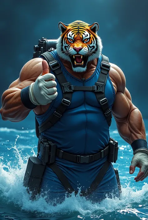 (A rugged beefy extremely muscular bulky old man), (wearing blue wetsuit), (wearing realistic roaring tiger mask), thumbs up pose, wearing bulky harness, wearing bulky scuba gear, muscular physique, toned muscles, fierce, heroic, action, comic artstyle, bu...