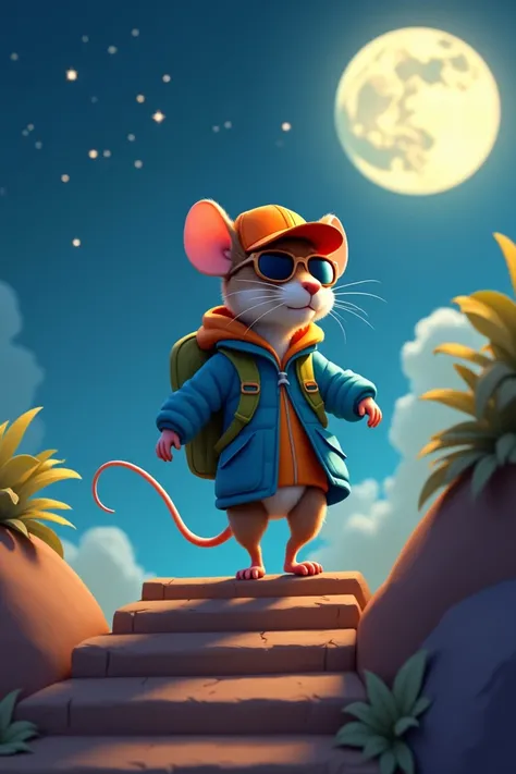 Digital illustration of Cartoon mouse wearing a blue jacket, orange cap, sunglasses, and a green backpack. he is walking up a set of brown stairs that lead up to a full moon in the night sky. the sky is filled with stars and the moon is partially visible i...