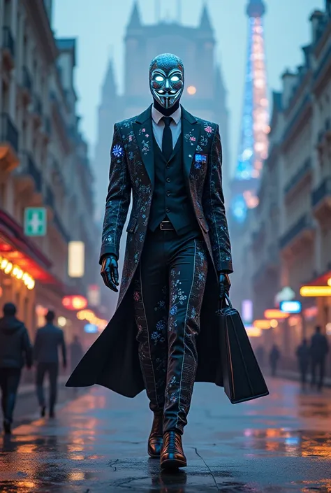 A hyper-realistic and awe-inspiring depiction of a mysterious humanoid trader inspired by the rebellious spirit of Anonymous, striding with calculated confidence through a futuristic stock market battlefield in the heart of France. Its sleek, cybernetic bo...