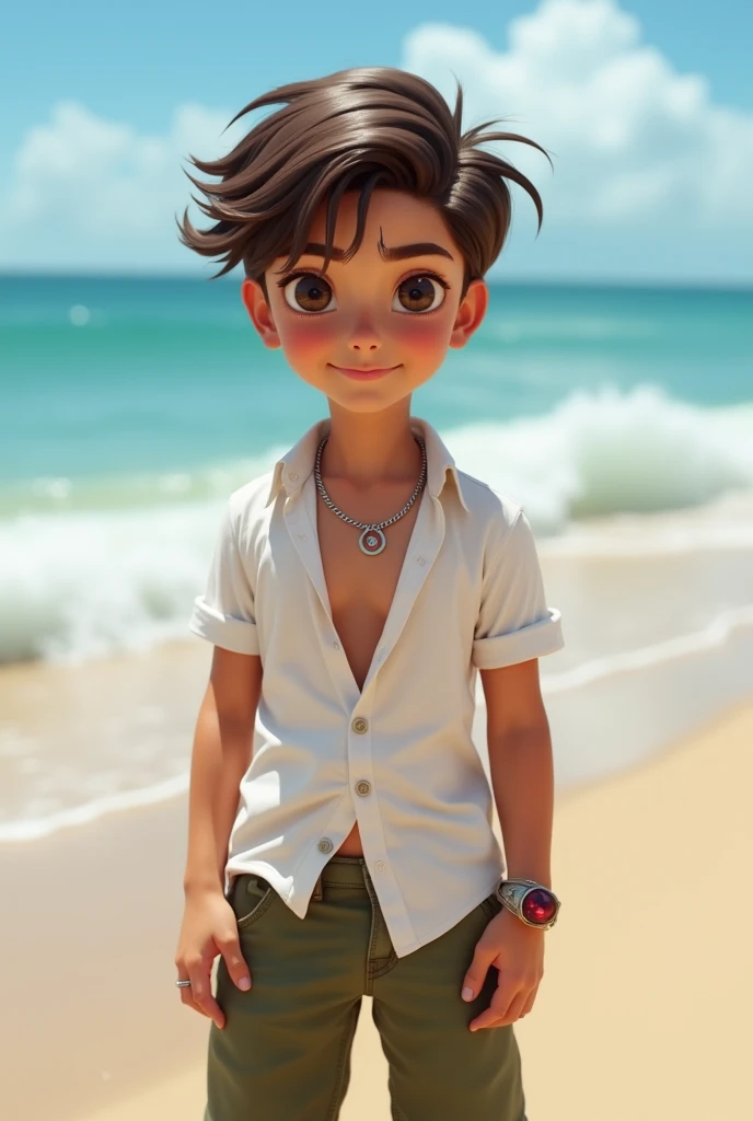 a boy with a cut mark on left eyebrow, good looking body, light brown eyes, smiling face, wearing a white shirt with open top two buttons, olive colour pants, little silver chain on neck, grey jordan shoes, braclet on right wrist, a ring with maroon gem st...