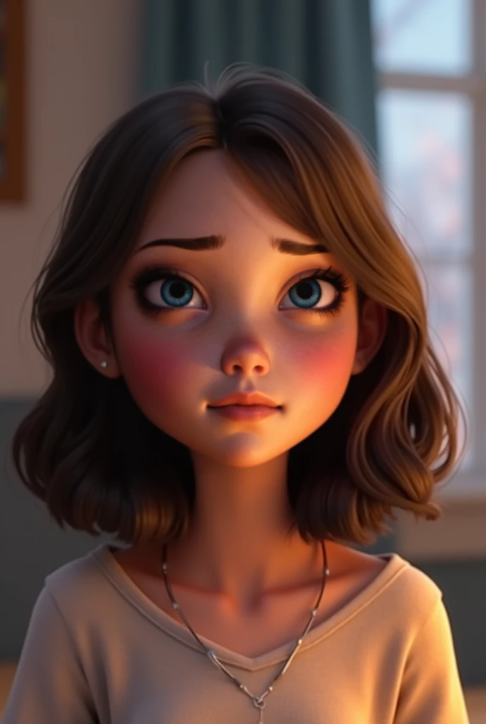 Ella (A teen with shoulder-length dark brown hair, wearing casual clothes) is on a video call, smiling , shaking her head in amusement. 3d disney pixar style.