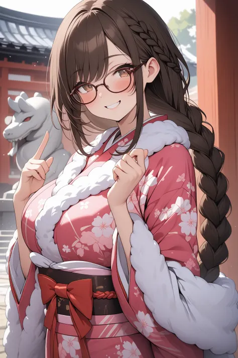 masterpiece, best quality, ultra detailed 8k, (perfect fingers, perfect hands), 
(cute girl with one braid:1.2), (dark brown hair, (low ponytail, one braid), braid with ribbon), 17yo, light brown eyes, droopy eyes, glasses, happy smile, 
large breasts, lar...