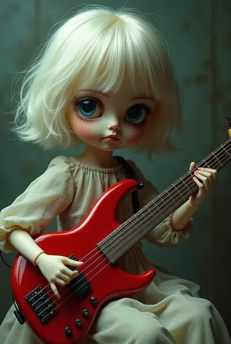  Recreate a photo of a doll with bulging eyes, short shoulder hair and light hair ,  sitting playing a red electric bass  