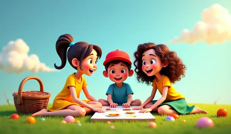 —Mia (a cheerful girl in a yellow dress), Alex (a boy with a red cap and blue shirt), and Emma (a girl with curly hair and a green skirt) using these characters and generate image like ( The three friends sitting on the grass with a notepad, brainstorming ...