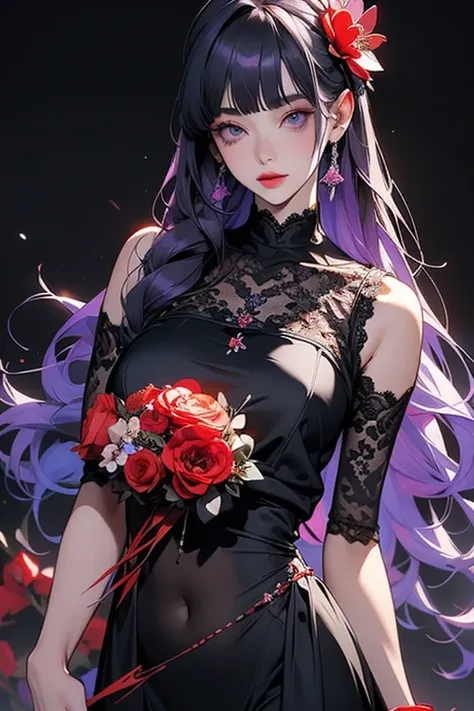      1 girl, blunt bangs,        ((     beautiful eyes)).     braiding  ,    width ,    hair accessories 　 Im putting my finger in front of my mouth   　Kamui   ,Obi says, (   purple hair:1.2),   long hair ,         close up of a high school girl with    lo...