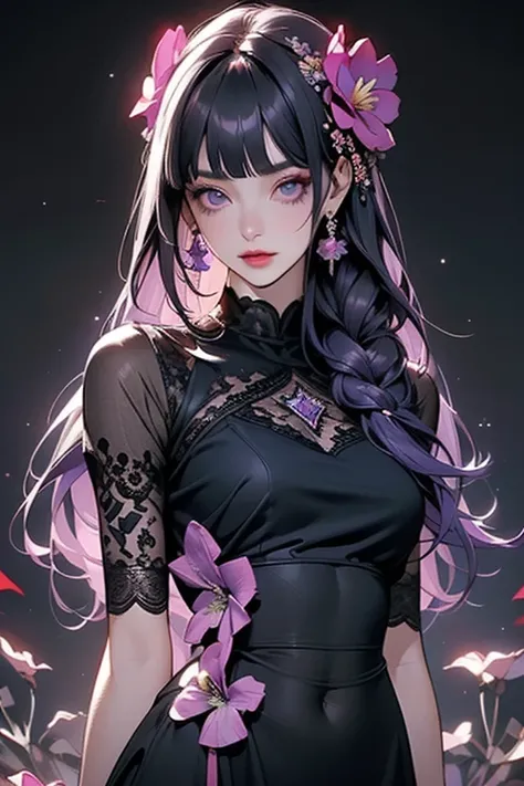      1 girl, blunt bangs,        ((     beautiful eyes)).     braiding  ,    width ,    hair accessories 　 Im putting my finger in front of my mouth   　Kamui   ,Obi says, (   purple hair:1.2),   long hair ,         close up of a high school girl with    lo...