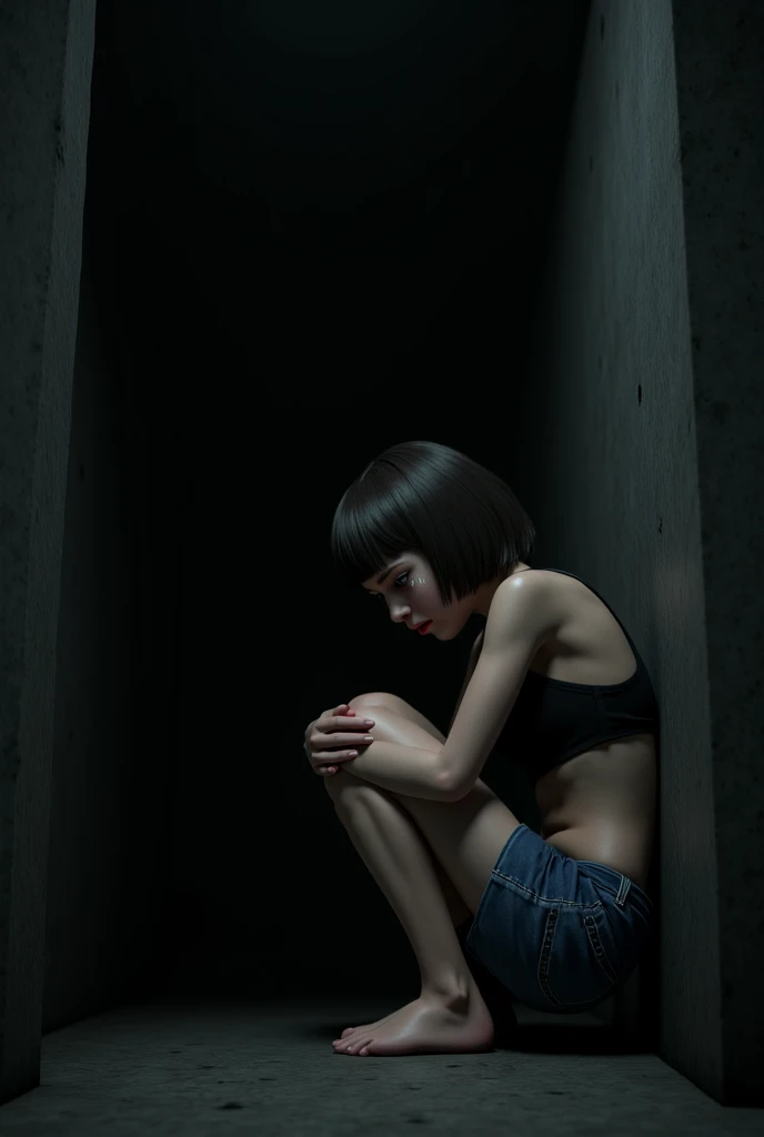  realistic image of a girl with bob hair sitting in the corner of a dark cellar crying. Wearing denim shorts and a black bra  