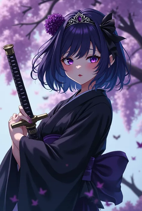 Demon slayer art style Anime goth girl with dark purple hair with dark blue highlights and purple eyes wearing black lipstick and black blue smokey eyeshadow blended on her eyelids layered shoulder length hair with bangs wearing a black kimono with bat pat...