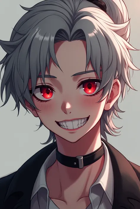  Neutral, decadent, eyes and spots, gray ponytail, red eyes, shark teeth, Animate a smiling teenage man with a choker around his neck 