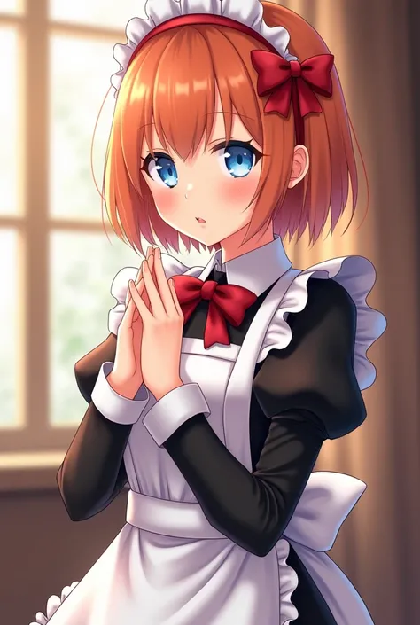 masterpiece,best quality,anime,(2d:1.2),indoors, ,  1girl, roswaal mansion maid uniform, solo, maid, cyan blue eyes, short hair,bow hairband, hair between eyes, detached sleeves, looking at viewer, red hairband,ribbon, bangs, looking back, bow, orange hair...