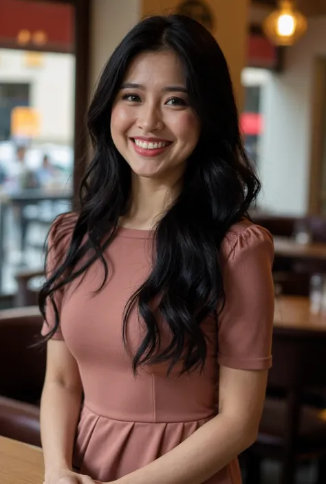 This is a  beautiful photograph of a woman, black hair cascading over her shoulders. She is wearing a boatneck dress, Standing in a cafe. Looking at the viewer. Smile.