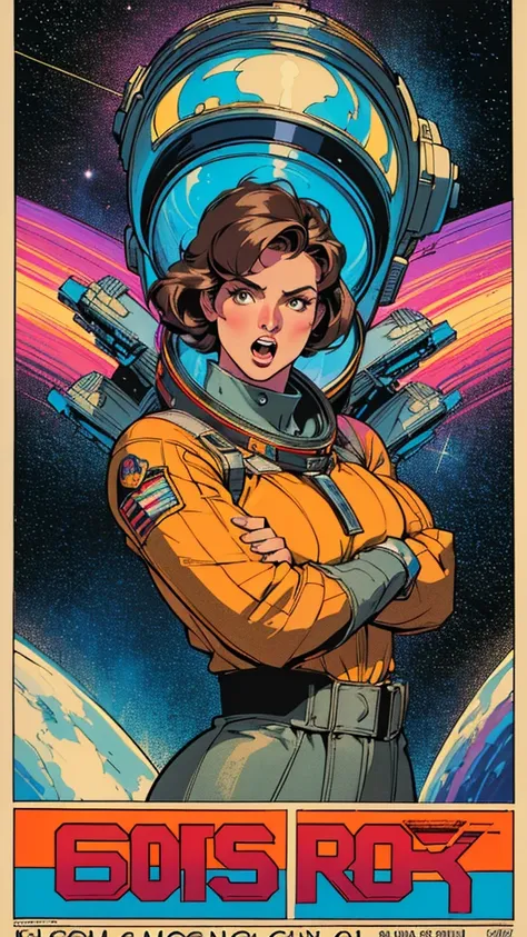 (((Top Quality Masterpiece ))),(((solo:1.2))),((( 1 woman :1.2))), 32K Highly Detailed Wallpaper , Retro Vintage Style ,(dynamic Angles),((( overwhelming highlights))),((most complex machine)), very flashy color scheme American comics,80s space thriller mo...