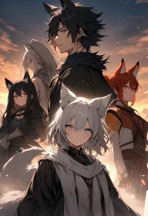 A group of four adventurers, a girl with black hair black wolf ears and black wolf ears and grey eyes, a girl with red hair and red fox ears with orange tip on top of the ears and a red fox tail with a orange tip on the end of the tail has amber colored ey...