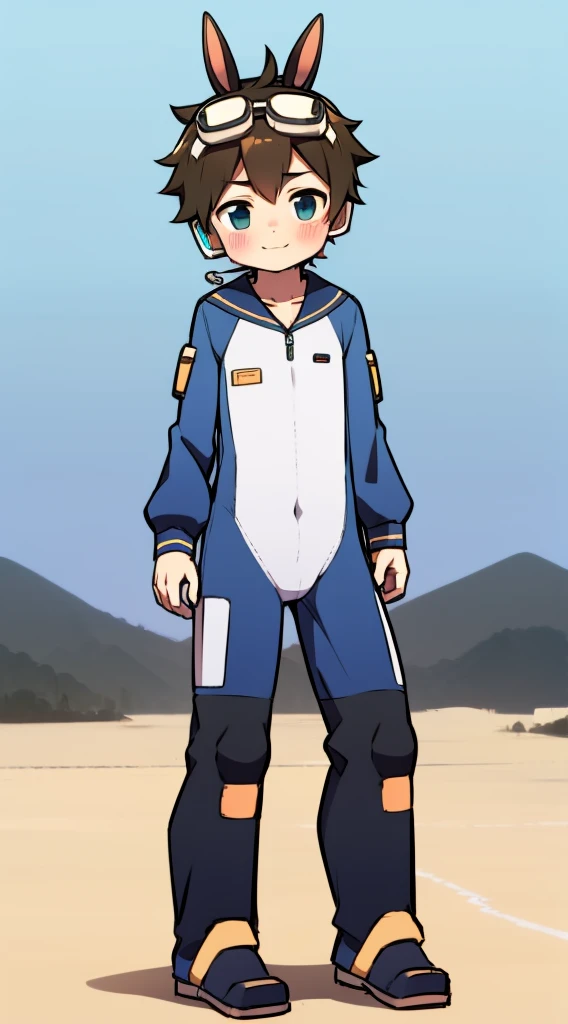 2D Boy Shota，One-piece mountaineering suit，Slim, healthy body，Put the headphones on your head，stand up，goggles，Rabbit ears，happy，sailor collar, shy, charming