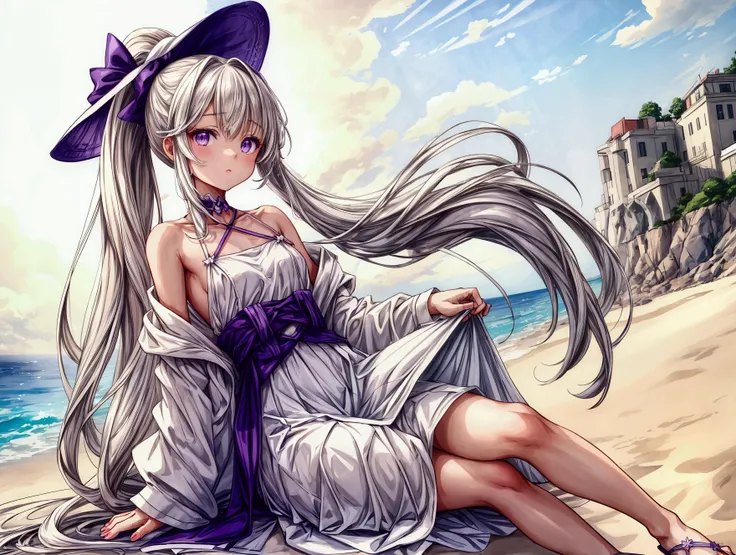 A Teenager, Anime,  ponytail sliver hair , purple eyes , B-cup chest, Beautiful waist, positioned slightly off-center to the right of the image.  She is wearing a large, wide-brimmed, off-white sun hat.  Her outfit consists of a white, loose-fitting, long-...