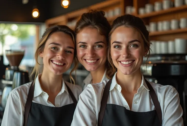 "A close-up shot of three beautiful women in their barista uniforms, standing side by side behind the counter in a bustling coffee shop. Their faces are radiant, with a mix of friendly smiles and focused expressions. The background is blurred, highlighting...