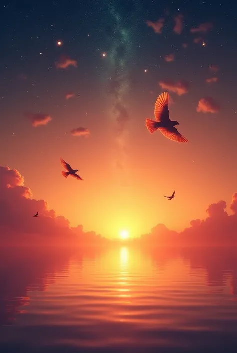 
"A soulful and artistic music cover design inspired by sunset and birds in flight. The design features a seamless, vibrant sunset sky in warm shades of orange, pink, and gold, filling the entire 16:9 frame. Birds are positioned subtly on the sides of the ...