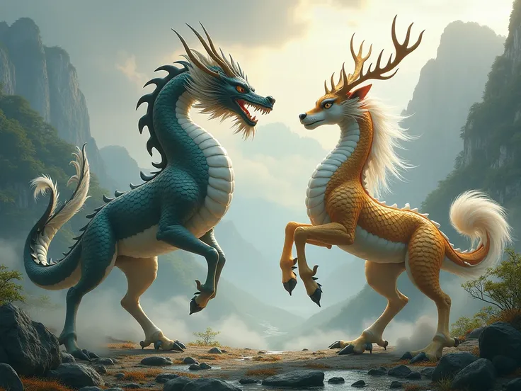 Kirin and dragon are facing off　 realism　Chinese style　photograph　Realistic