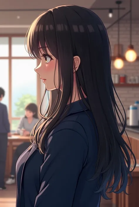  and {x} is an ordinary college woman in her 20s with a slight reflection of her profile.  Korean women with slightly long black hair . , and the clothes are navy blue nitro . The background is a cafe .  with slightly long black hair {x}, not like an anime...