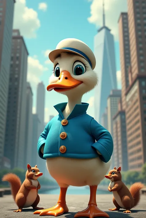 A duck wearing blue color jacket white hat backround like big big buldings and tow squreal full view