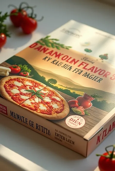 A box with a printed design that tells the story of each flavor . Example:  “This pizza is inspired by the Neapolitan mornings, where you start the day with fresh cheese and ripe tomatoes.