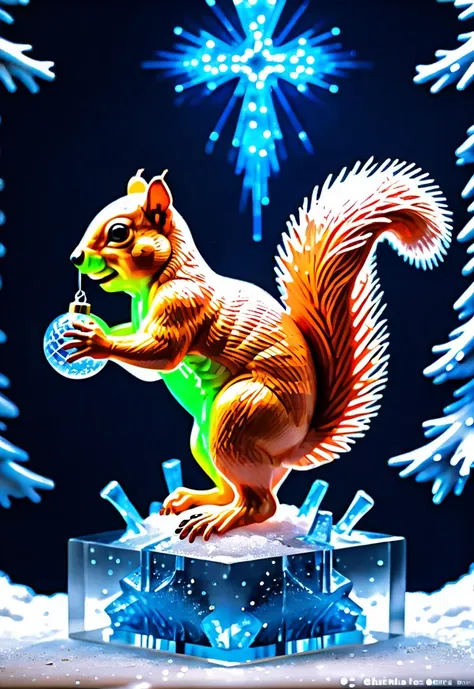 A real masterpiece. The painting is made in a pasty style. Impasto style. (How artificial intelligence depicts a sculpture of a fantastic squirrel against a sparkling, icy Christmas background, with ice toys, neon lights, and ice gifts under the Christmas ...