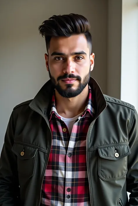 arafed man in a plaid shirt and jacket posing for a picture, a picture inspired by Adam Dario Keel, instagram, digital art,  profile picture, very very low quality picture, portait photo profile picture, profile pic, headshot profile picture, riyahd cassie...