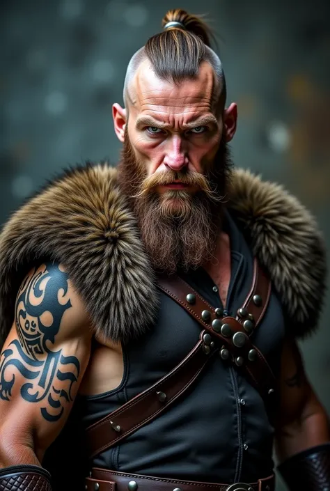 create me an image that represents a viking in close-up facing the camera, half-length, muscular, with tattoos, aggressive and determined